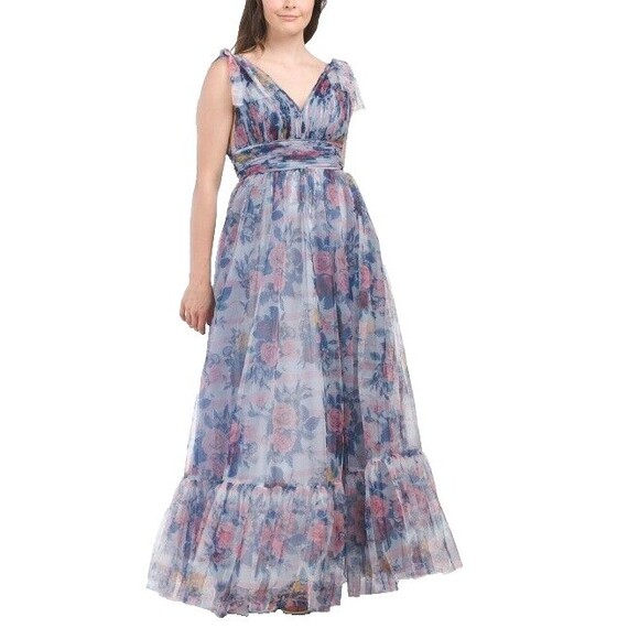 NWT Mac Duggal 113312 FLORAL PRINT RUCHED SOFT TIE SLEEVELESS GOWN BLUE MULTI - Picture 3 of 9